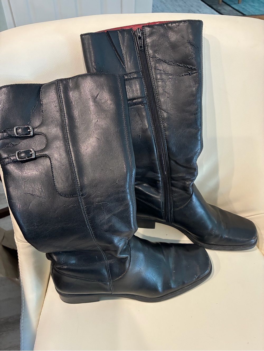 Naturalizer Black Leather Mid-Calf Buckle Boots